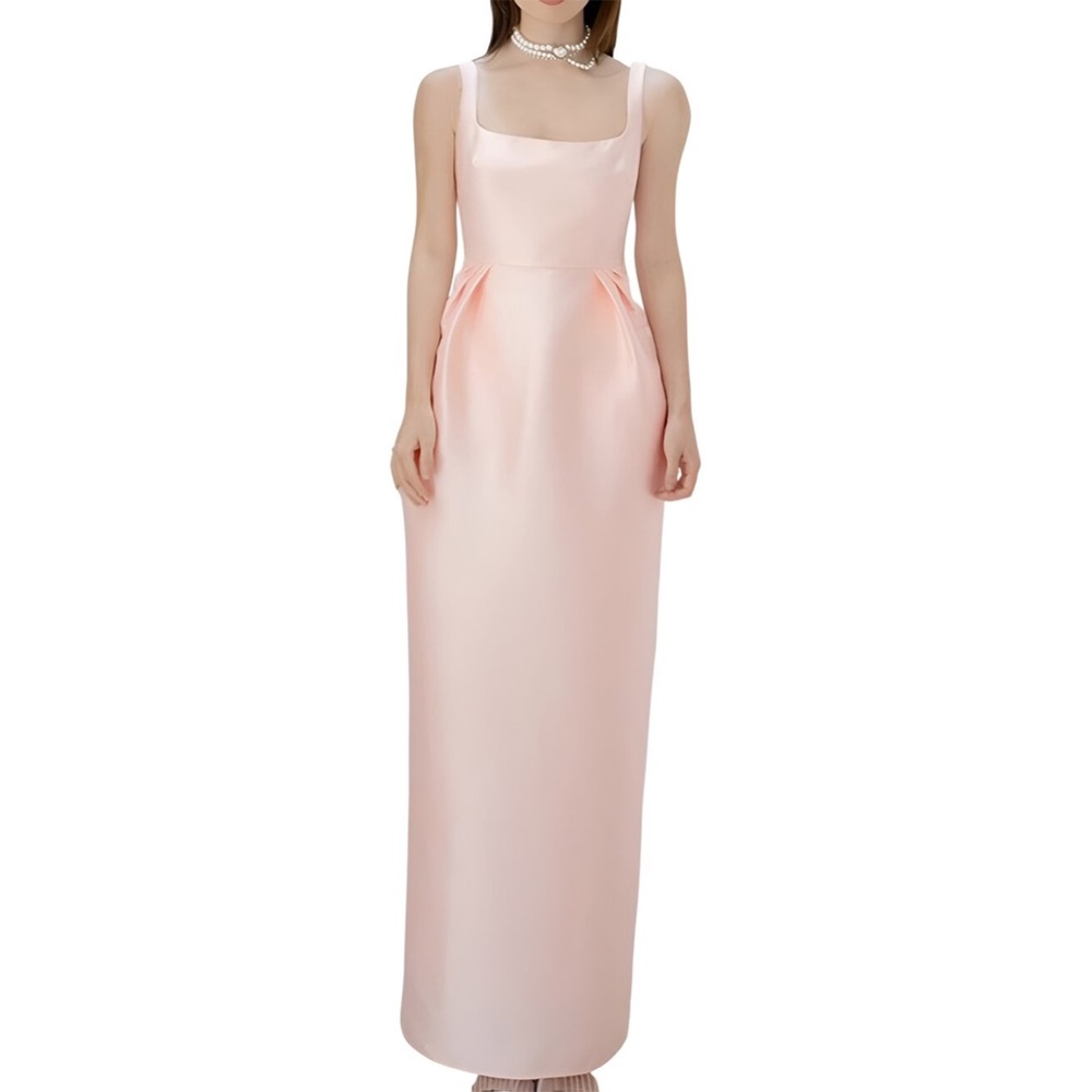 Elegant Pink Satin Square-Neck Evening Gown